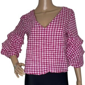 Zara Pink Gingham Women's Top with Ruffle Sleeves Medium